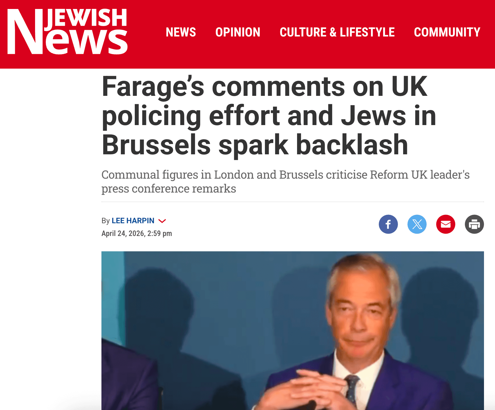 Jewish News : Farage’s comments on UK policing effort and Jews in Brussels spark backlash
